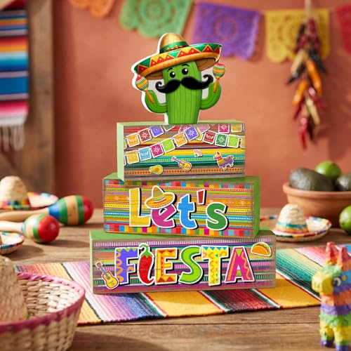 Yuntau 4 Pcs Mexican Fiesta Party Decorations Wooden Cinco De Mayo Tabletop Decor Lets Fiesta Tiered Tray Decor Rustic Wood Block Sign Gift Farmhouse Mexican Centerpieces Portable Shelf Home Office - style: Cactus