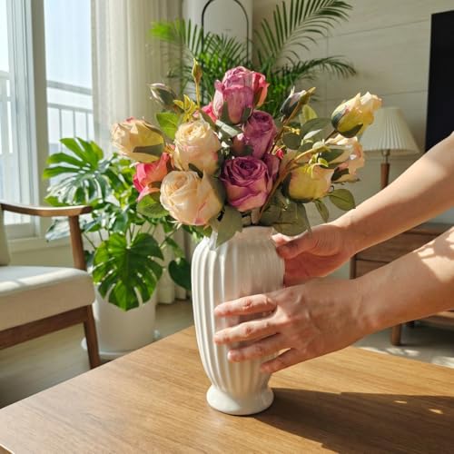 White Ceramic Vase, 9.1 Inch Water Safe Vase for Fresh Flowers, Farmhouse Home Decor Table Centerpieces for Living Room Cabinet Wedding (Rustro 9'') - color: Rustro 9''