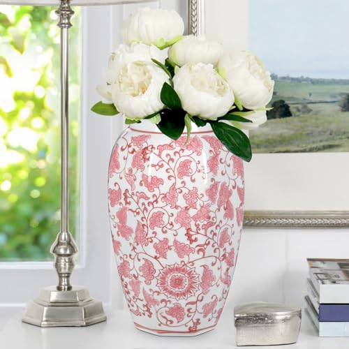 Pink Vase 8.5 Inch Traditional Chinoiserie Floral Vase Porcelain Ginger Jar Octagonal Vases Blue and White Porcelain Decor for Home, Living Room, Kitchen, Mantel, Shelf, Table - color: 8.5 Inch Pink