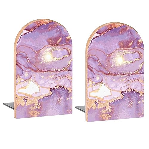 Marble Purple Gold Stone Book Ends Decorative Wood Bookends for Shelves Kids Room Desk Home Office Book Stoppers for Magazines,Books, DVDs, 1 Pair/2 Pieces(5x3.1 in)