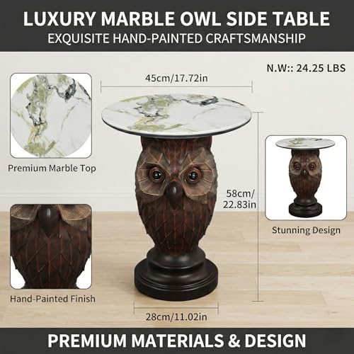 Owl Side Table, Round End Table with Faux Marble Top, Resin Owl Statue Base, Unique Animal Accent Table for Living Room, Bedroom, Nursery, Rustic Brown 22.83“ Tall 17.17" Height - style: OWL Table