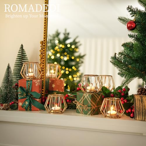 Geometric Tea Light Candle Holders - Wedding Centerpiece for Tables Morden Metal Votive Tealight Candles Stand with Glasses Coffee Home Room Decor Wedding Party Birthday Decoration, Gold 12 pcs
