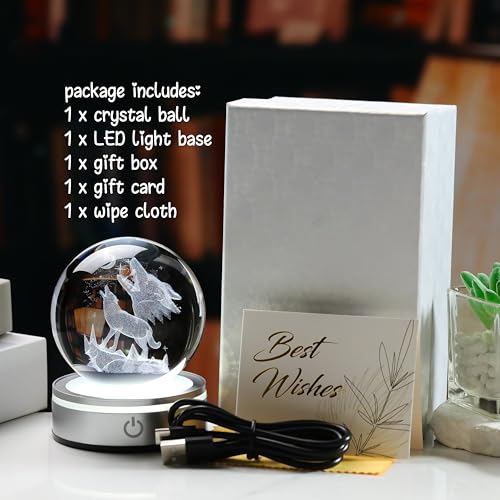 Arikyrist 3.15in. 3D Wolf Crystal Ball Gifts for Women Men, K9 Crystal Decorative Ball Engraved Wolf Figurine Paperweight with LED Light Base for Home Office Decoration for Birthday Christmas - color: Wolf