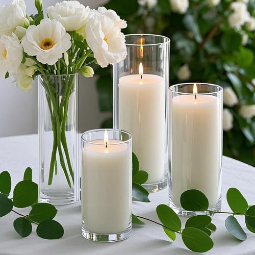 72 PCS White Pillar Candles with Glass Candle Holders Clear Hurricane Candle Holders Glass Cylinder Vases for Centerpieces Wedding Party, Event, Home Office (36 Candles+36 Candle Hoders) - style: 72 PCS White