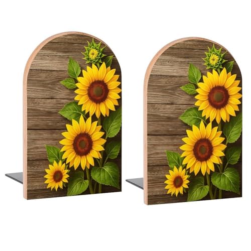Wooden Board Sunflower Book Ends Decorative Wood Bookends for Shelves Kids Room Desk Home Office Book Stoppers for Magazines,Books, DVDs, 1 Pair/2 Pieces(5x3.1 in) - color: Three Sunflowers