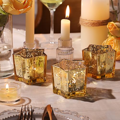 Letine 8pcs Gold Star Candle Holders Set - Elegant Tea Light & Votive Holders for Diwali, Weddings, Fall Decor - Mercury Glass Star Jars with Celestial Glow(2.44" Height) - color: Gold, size: 8pcs