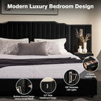 Luxury Queen Size Bed Frame with LED Lights and Nightstands, Modern Velvet Upholstered Platform Bed Frame with Oversized Headboard, Buttons Around, No Box Spring Needed, Black | Breathable material - color: Black-velvet, size: Queen