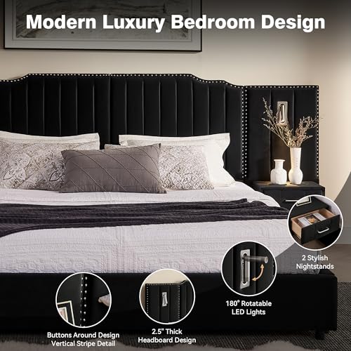 Luxury Queen Size Bed Frame with LED Lights and Nightstands, Modern Velvet Upholstered Platform Bed Frame with Oversized Headboard, Buttons Around, No Box Spring Needed, Black | Breathable material - color: Black-velvet, size: Queen