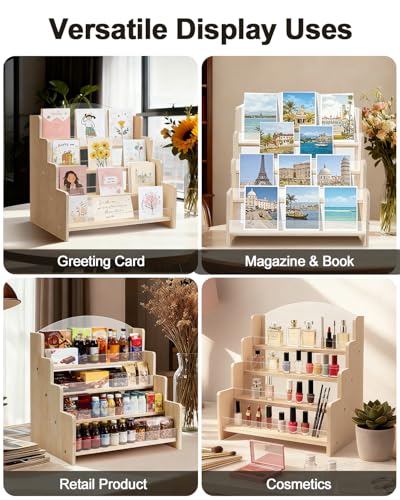 UCEC Greeting Card Display Stand, 4-Tier Wooden Acrylic Greeting Card Holder, Display Stands for Vendor Events Postcard, Craft Fairs, Retail Counter, Brochures & Photos Organizer