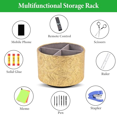 lizimandu Round Leather Art Supply Organizer,Remote Control Holder,360 Degree Spinning,Multi-Functional Pencil Holder,4 Compartments Desktop Stationary Organizer(1-Carved Gold) - color: 1-Carved Gold