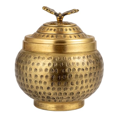 Creative Co-Op Round Hammered Metal Container with Butterfly Finial, Brass Finish - style: Butterfly