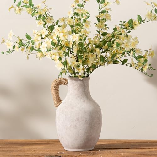 Ceramic Flower Vase Home Decor - Large White Rustic Table Flowers Vases Living Room Bedroom Plant Decorations Farmhouse Vintage for Kitchen Shelf Office Coffee Dining Desk House (10" with Jute Rope) - color: 03-with Hemp Rope-10"
