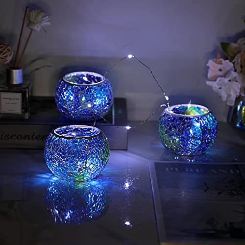 OwnMy Set of 3 Blue Mosaic Glass Tea Light Holders Round Bowl Votive Candle Holders Pillar Candle Stands, Glass Mosaic Tealight Holders Potted Plant Bowl Vase Candle Centerpiece for Table Wedding - color: Blue