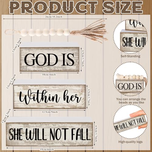 Lineshading 4 Pcs Christian Table Decor Rustic Wooden Block Sign Set with God Is Within Her She Will Not Fall Farmhouse Stacked Decor with Beaded Garland Tassel Christian Home Decors for Office, Shelf - style: Bead