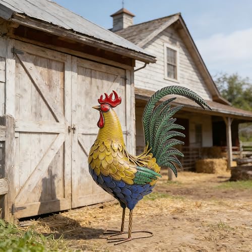 32" Oversized Metal Rooster Statues, Large Outdoor Decor, Metal Chicken Sculpture for Backyard Patio Kitchen Decor - color: 32"h-xl Rustic Yellow Rooster
