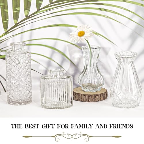 Set of 4 Glass Bud Vase Set, Small Vintage Clear Flower Vase Centerpieces for Table Bulk Cute Rustic Style Mini Vase for Home Decor Wedding Baby Shower Birthday Party - color: Clear