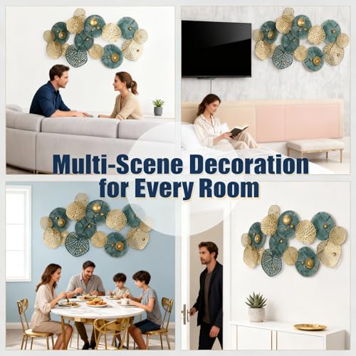 Large 3D Metal Wall Art, 50"L x 26"W Modern Blue & Gold Lotus Leaf Wall Sculpture, Luxury Coastal Home Decor for Living Room Bedroom, Elegant Gift for Housewarming Wedding Mother's Day for Homeowners