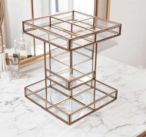 Hersoo 360 Rotating Glass Makeup Organizer, Spinning Vanity Cosmetic Storage with Multi-Layer Compartments, Luxury Countertop Rotating Makeup Holder for Skincare, Perfume, Cosmetics - color: Brass