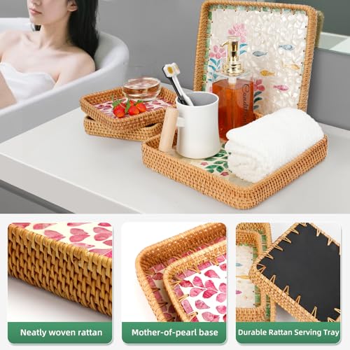 1 pcs Rectangle Rattan Serving Tray with Mother of Pearl Inlay, Decorative Wicker Tray for Coffee, Bread, Fruits, Elegant Table Decor for Living Room & Dining Room - color: Purple-purple Petal