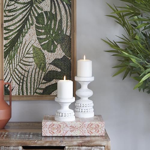 Deco 79 Wood Decorative Candle Holder Beaded Pillar Candle Stand, Set of 2 Candlestick Holder 8", 4"H, White - color: White, size: 8", 4"H