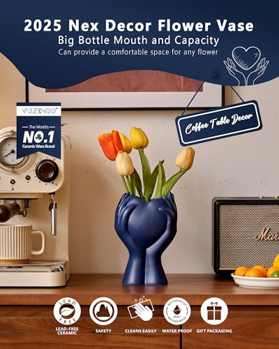 8" Heart Hand Navy Blue Ceramic Vase - Unique Modern Aesthetic Flowers Vase for Living Room Bedroom Office Kitchen Table Centerpiece or Shelf Decor-Gifts for Wedding Bridal Shower Women Mom (Blue) - color: Blue