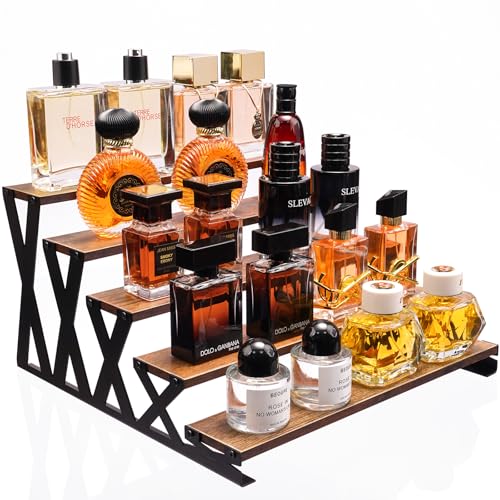KALYLOC 5 Tier Wooden Display Riser Stand 13.8 Inch Metal Step Perfume Stand Organizer Tabletop Tiered Display Shelf Rack for Cologne Cupcake Spice Figures Cosmetics Candles (Brown, X-Shape) - color: Brown, size: 5 tier-X shape