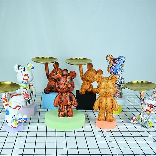 Keychain Bowl Tray Bear Statue, Resin Animal Sculpture Home Decor for Office, Living Room, Bedroom, Accessory Storage Tray for Entryway Table (Graffiti) - color: Graffiti