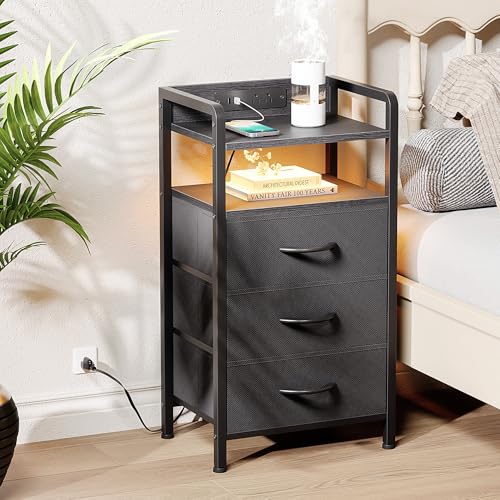 Lazzanto Night Stand Bedside Charger Bedroom - Nightstand with Charging Station & LED Light Strip, Night Stand with Storage Shelf & 3 Fabric Drawers, Morden End Table with U-S-B Ports & AC Outlets - color: Black, size: 3 Drawers