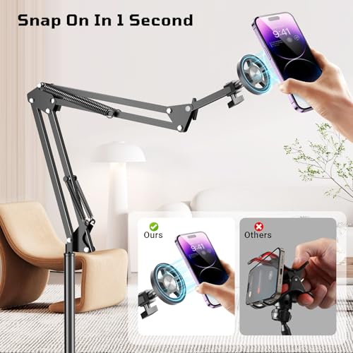 Kefotic Floor Magnetic Phone Holder for Bed Laying Down, Adjustable Bedside Phone Stand for iPhone Magsafe, Headboard Cell Phone Mount for Reading