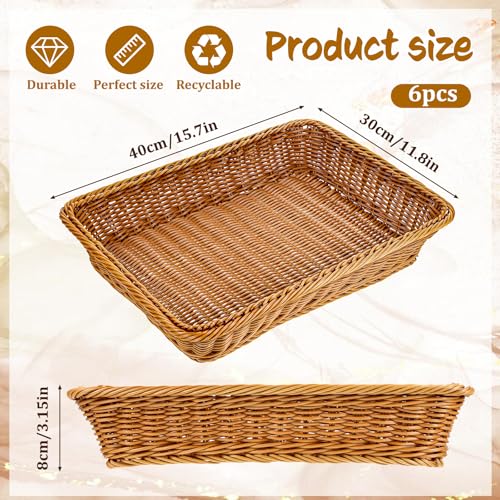 6 Pack Woven Serving Baskets 15.8 Inch Wicker Bread Baskets Rectangle Rattan Storage Display Trays Tabletop Food Serving Basket for Bread Food Vegetables Fruit