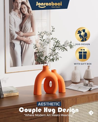 Hug Donut Decorative Vase Set - Modern Vases Home Decor, Decorative Vase for Bookshelf, Entryway Table, Dining Table Centerpiece, Mantle or Fireplace Decor, Console (Orange) - color: Orange
