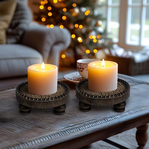 Farmhouse Round Wood Tray Riser, Pedestal Stand with Beaded Edge, Rustic Wooden Candle Trays Decor for Tiered Tray, Candle, Mug Display Decorative, Table Centerpiece, Black Gold - color: Black Gold, size: Set of 2