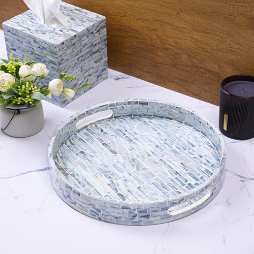 CLAYNIX Serving Tray 12.5 Inch Round, Wooden Lacquer Tray with Mother of Pearl Inlay, Elegant Tea & Breakfast Tray with Handles (Round)