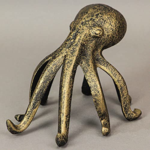Exquisite Antique Gold Finish Cast Iron Octopus Book End/Phone Holder Stand - Decorative Bookend, Nautical Delight, and Desk Organizer - 6.25 Inches Long - color: Octopus - Gold