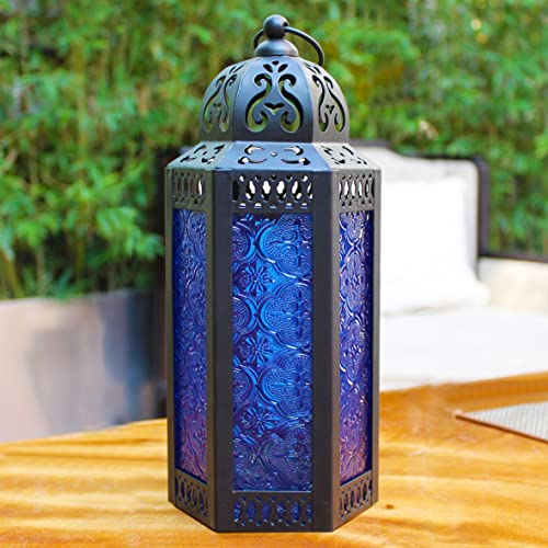 CVHOMEDECO. Decorative Candle Lantern Moroccan Lanterns Vintage Black Metal Lantern Holder for Home Patio Outdoor Decor. Cobalt Glass, Medium - color: Cobalt