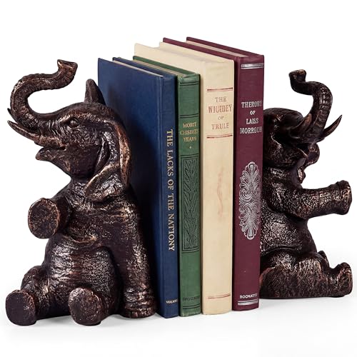 Elephant Bookends with Non-Slip Padding - Heavy Duty Book Ends for Shelves - Gold Decorative Bookend Unique - Vintage Animal Holders for Heavy Books - Living Room Bookshelf Decor - 4 x 4 x 7 Inches