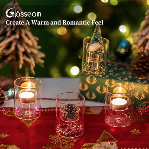 Glasseam Glass Tealight Candle Holder: Small Hurricane Cylinder Votive Holder Set of 6 Modern Table Centerpiece Wedding Christmas Party Decorations, 3.15