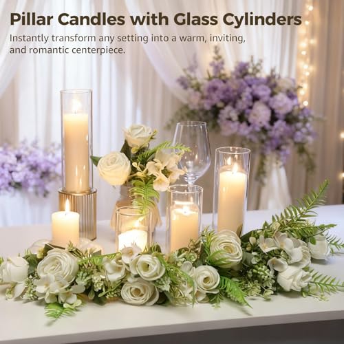 12 Sets Pillar Candles with Glass Cylinders Vases 3 Sizes - Slim Hurricane Glass Candle Holders, Transparent Cylinder Vases, Romantic Centerpiece Decor for Wedding, Party, Dining Table