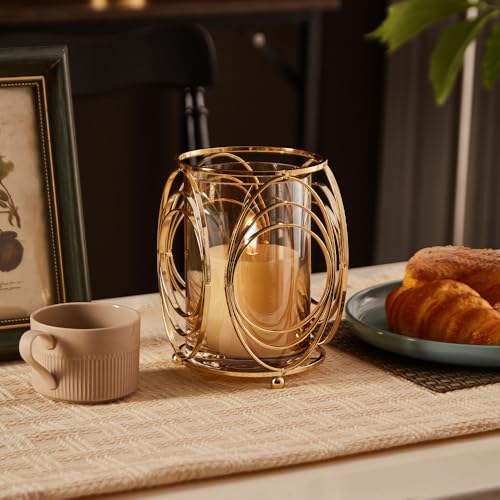 Gold Hurricane Candle Holder with Metal Frame, Windproof Thickened Glass Lid & Geometric Cutouts for Weddings, Parties, Home Decor - size: Large