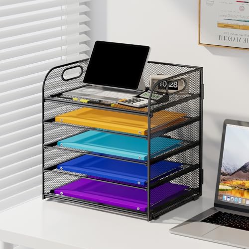 Cawukege 5 Tier Paper Organizer with Handle, Black Metal Mesh Desk Organizer File Folder Paper Letter Tray Desktop Document Sorter for Classroom, School, Office Accessories Organization and Storage - color: Black