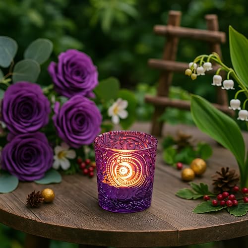 6 Pack Sun Moon Star Embossed Glass Tea Light Candle Holders - Votive Candle Holders for Wedding, Party, Home Decor, and Table Centerpieces (Amethyst Purple) - color: Amethyst Purple