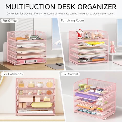 Lavatino Desk Paper Organizer with Handle, 2 Pack 5-Tier Pink Mesh Desk File Folder Holder Letter Tray Sorter Organizer for Office, Home or School - color: 5 Tier 2p - Pink, size: 12.6" x 9.1" x 11.5"