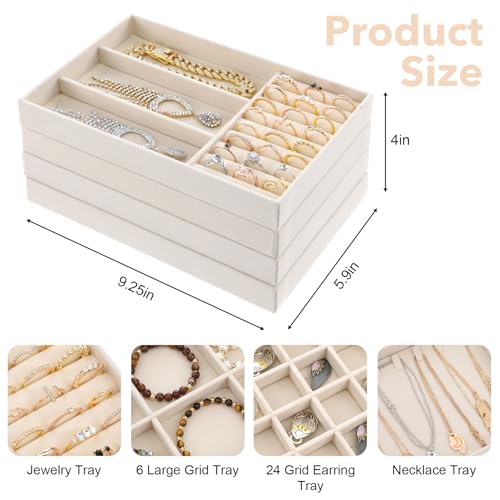 Jewelry Drawer Organizer Tray Set of 4 Stackable Velvet Jewelry Trays Drawer Inserts Organizer Case Set for Women Jewlery Storage Display Tray for Earrings, Rings, Necklaces, Bracelets, Watch (Beige)