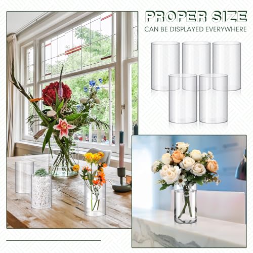 Vesici 20 Pcs Plastic Cylinder Vase Acrylic Cylinder Vase Bulk Small Clear Flower Container Hurricane Candle Holder Round Wide Container Centerpiece for Home Office Wedding Decorations (6 Inch) - size: 6 Inch