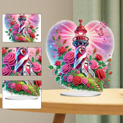5D Tabletop Diamond Art Kit Rose Lighthouse, Stand Up Special Shaped Crystal Diamond Art Desktop Kits for Adults, DIY Diamond Art Paintng Kits Craft, Box Package - color: Rose Lighthouse