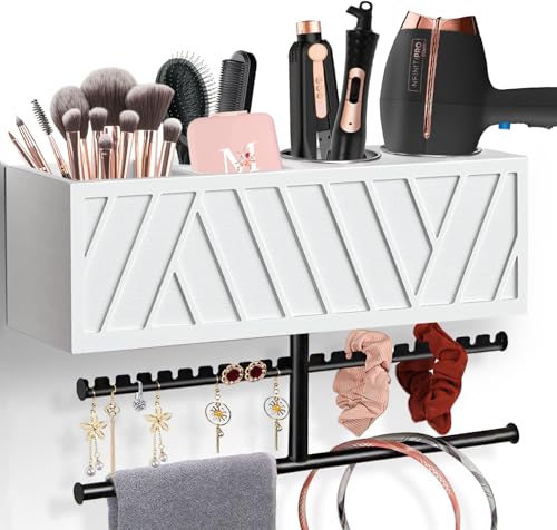 Rustic Hair Dryer Holder Wall Mounted,Hair Styling Tools & Accessories Organizer,Bathroom Supplies & hot Tools vanities Organizer Caddy,for Storage Flat Iron,Blow Dryer,Curling Iron,Towel - color: White.a
