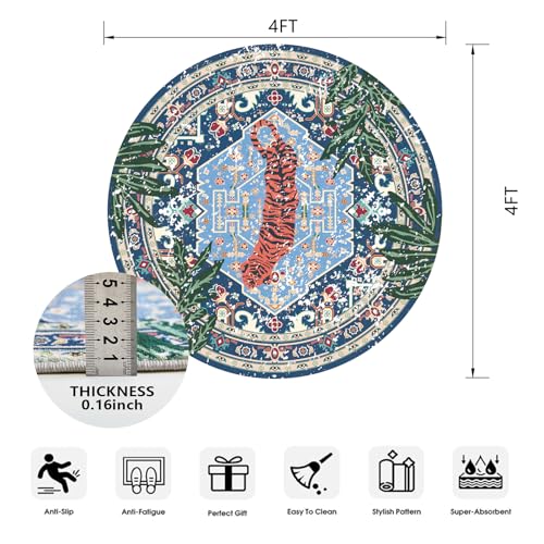 Washable Blue Rugs Thin Oriental Boho Vintage Tropical Leopard 4ft Round Area Rugs for Bedroom Kitchen Dining Living Room Office Distressed Jungle Plants Indoor Entryway Circle Carpet - color: Blue, size: 4' Round