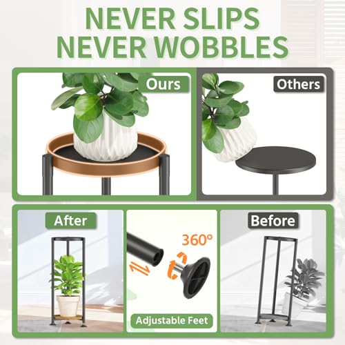 KMOTASUO 2 Tier Black Plant Stand Indoor for Large Tall Heavy Duty Planter, Multiple Sturdy Metal Flower Corner Rack for Narrow House Floor, Iron Vertical Level Round Orchi Holder Organizer, Modern - color: Black + Brown, size: 2 Tier