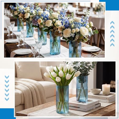 6 Pcs 8 Inch Tall Glass Ribbed Cylinder Vases Clear Floating Candle Flower Vase in Bulk, Hurricane Candle Holder for Wedding Housewarming Gift Table Centerpieces(Blue) - color: Blue, size: 8 Inch