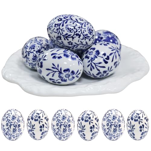 6pcs Ceramic Easter Eggs - Chinoiserie Blue and White Easter Egg Decor for Home, Living Room & Office for Christmas, Halloween, Mother's Day, Easter and Housewarming(C) - size: C